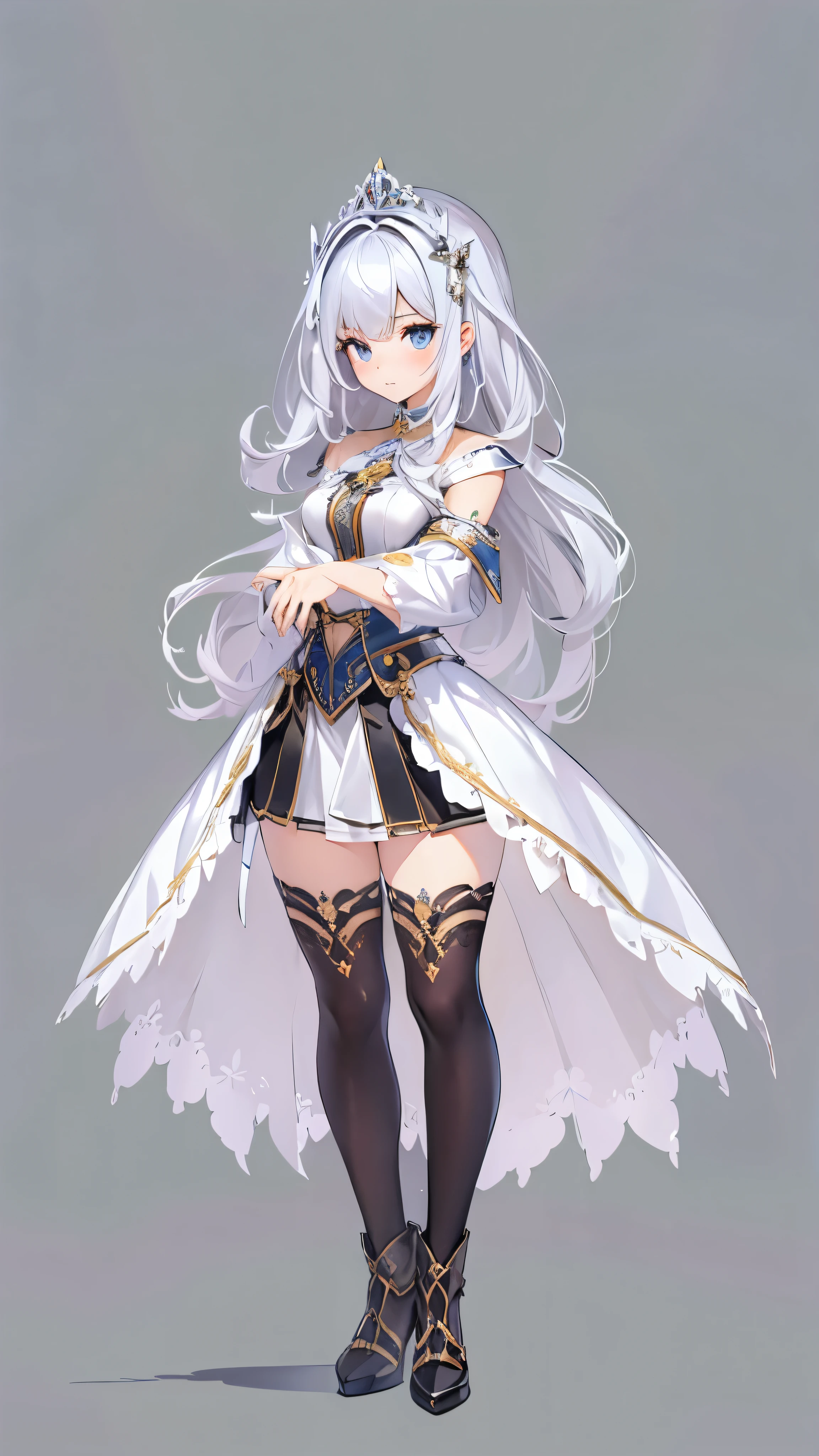 ((Masterpiece)), (highest quality))), (Character design sheet, national costume, same character, front, side, back), illustration, 1 girl, full body, silver hair, eye hair, beautiful eyes, princess cut, environmental change scene, short skirt, shyness, woman, girl, standing, goth , V-tuber, chartaan betarola, (simple background, white background: 1.3) ( Masterpiece:1.2), (Best Quality:1.3)