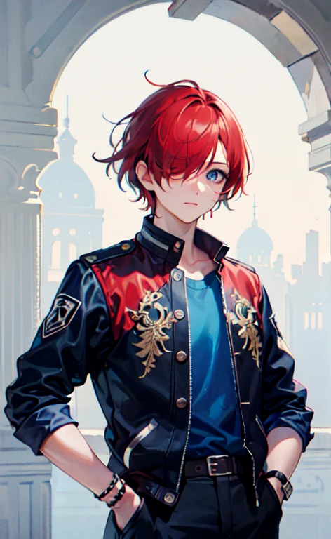 (masterpiece, Highest quality, Very artistic, Super detailed, Intricate details), One person, male, Upper Body, Blue eyes, Hair on one eye, Red Hair, Sad expression, Black jacket, shirt, belt, Put your hands in your pockets