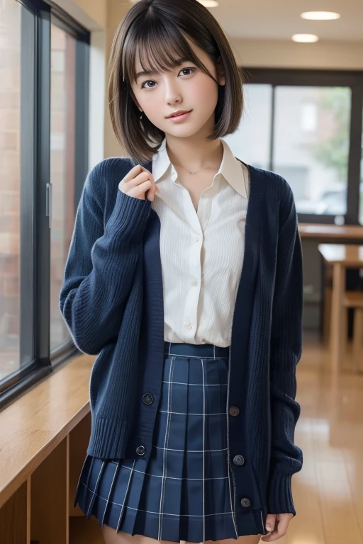 masterpiece, Highest quality, high resolution,High school girl 10.0,Very detailed,Asian Beauty,Open your mouth and laugh,Iris,Natural Beauty,Cinematic,Mid-chest,I am in school.,Showing from knees 10.0,Supple and soft limbs,Narrow eyes and light eye makeup,Smooth under-eye bags,Very detailedなな目と顔,Glossy Lips,Inner thighs,Sparkling eyes,Droopy eyes,(short hair:1.2),(Navy cardigan-style school uniform:1.1),(Navy check skirt:1.1)