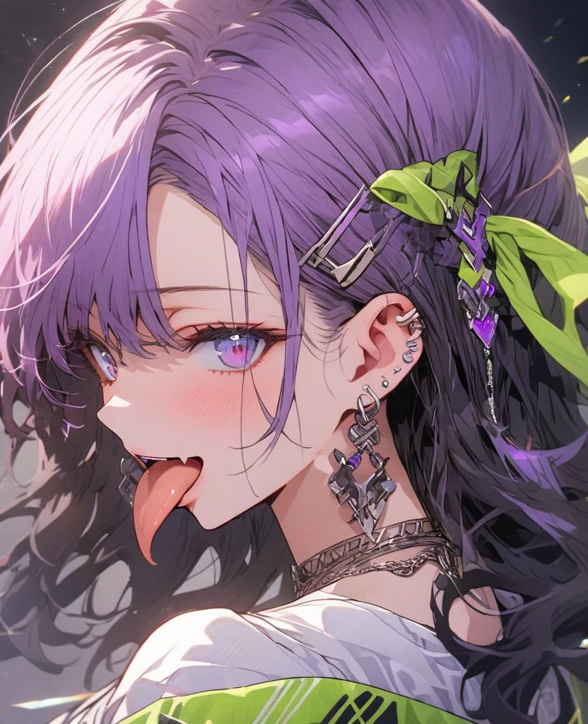 tongue，Gal，Earrings，green,Luminous tattoo,Long purple hair,greenい目