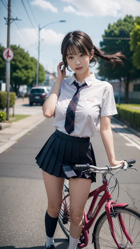 very realistic、a very beautiful and stylish gravure model、schoolgirl uniform、pleated skirt、socks、shoes、riding a bicycle to schoo...