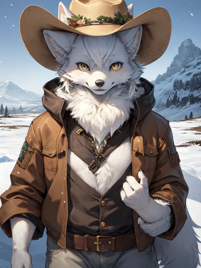 Yoshitaka Amano，1 person, 8k Werewolf Portrait, arctic fox, Gold Iris，Arctic fur is as white as snow，cowboy，hat，canvas jacket, complicated, Very detailed, number, Smooth, Be focused, illustration, ((masterpiece))，Sunny Pasture