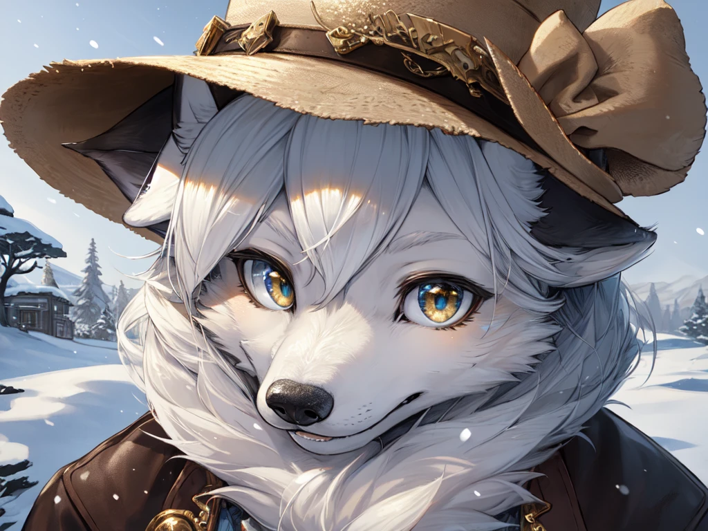 Yoshitaka Amano，1 person, 8k Werewolf Portrait, arctic fox, Gold Iris，Arctic fur is as white as snow，cowboy，hat，canvas jacket, complicated, Very detailed, number, Smooth, Be focused, illustration, ((masterpiece))，Sunny Pasture