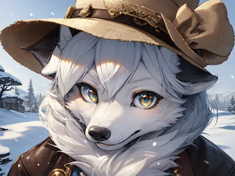 yoshitaka amano，1 person, 8k werewolf portrait, arctic fox, gold iris，arctic fur is as white as snow，cowboy，hat，canvas jacket, c...