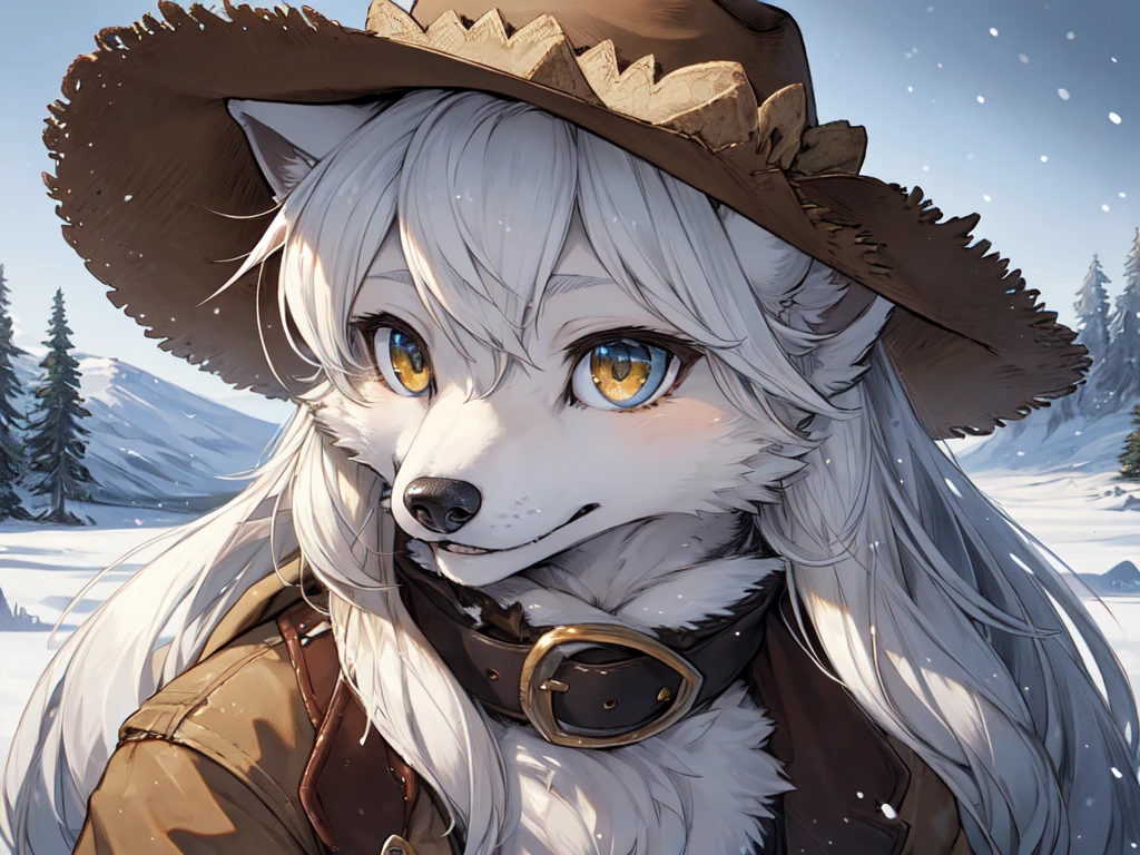 Yoshitaka Amano，1 person, 8k Werewolf Portrait, arctic fox, Gold Iris，Arctic fur is as white as snow，cowboy，hat，canvas jacket, complicated, Very detailed, number, Smooth, Be focused, illustration, ((masterpiece))，Sunny Pasture