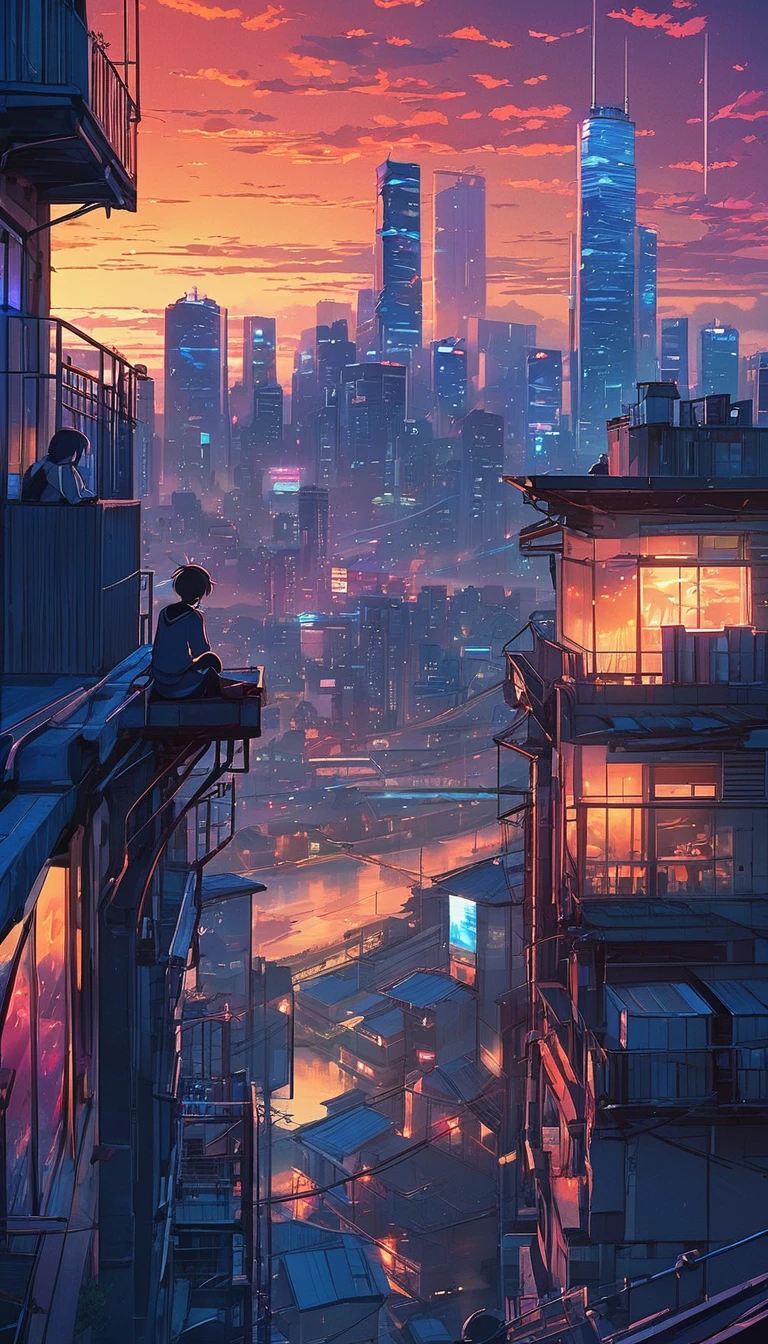 anime couple sitting on a balcony watching the sunset, watching the sun set. anime, lofi artstyle, anime background art, anime style cityscape, beautiful anime scene, lofi art, in style of makoto shinkai, 4 k manga wallpaper, makoto shinkai cyril rolando, hd anime cityscape, ilya kuvshinov landscape, 4k anime wallpaper