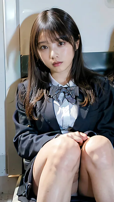 (masterpiece, Highest quality, 8k, RAW Photos, beautifully、beautiful:1.2), Intricate details, indirect lighting, Realistic, whole body, Sitting on a chair on the train、High School Uniform、Gazing at the audience、Voyeur、 High School Uniform、 woman&#39;training , Chair to sit under skirt,Ultra-high resolution,8k,Bokeh,Sharp focus,Highly detailed face,Spanish Girls,beautiful足,thin,(Large Breasts),Super Detail Eyes
