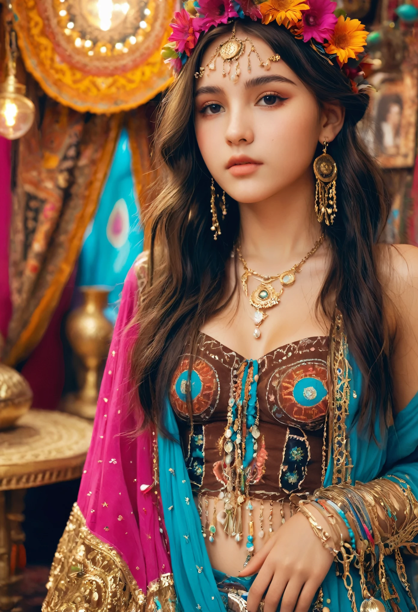 1girl, detailed face, (from side:0.8), gypsy clothing style, bohemian design, cinematic scene, starshape accessories, intricate super details, maximalist interior design, (looking at viewer:1.2), wide shot, (12yo, cute:1.3), (breasts:1.2),