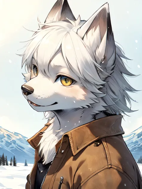 yoshitaka amano，1 person, 8k werewolf portrait, arctic fox, gold iris，arctic fur is as white as snow，cowboy，canvas jacket, compl...