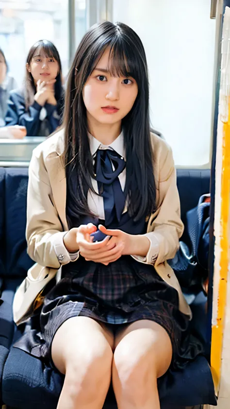 (masterpiece, Highest quality, 8k, RAW Photos, beautifully、beautiful:1.2), Intricate details, indirect lighting, Realistic, whole body, Sitting on a chair on the train、High School Uniform、Gazing at the audience、Voyeur、 High School Uniform、 woman&#39;training , Chair to sit under skirt,Ultra-high resolution,8k,Bokeh,Sharp focus,Highly detailed face,Spanish Girls,beautiful足,thin,(Small breasts),Super Detail Eyes
