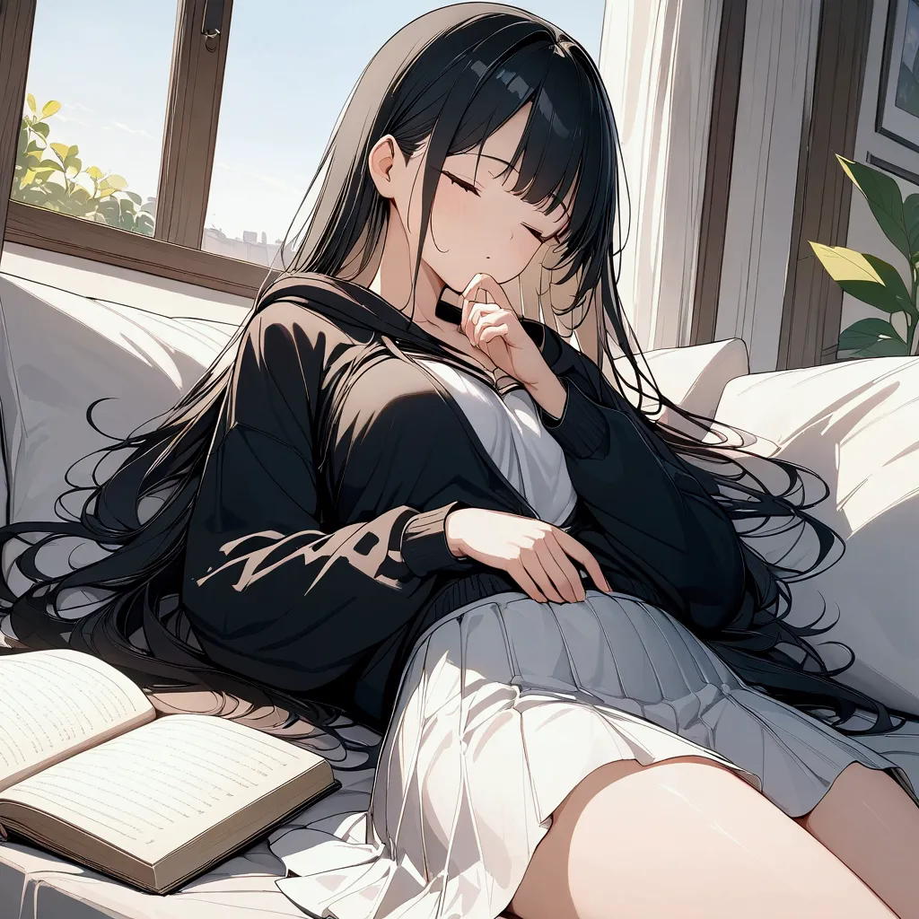 (((anime))) Sleeping woman,lie down on the sofa,long hair,(Black Hair),Center-parted bangs,close ~ eye,Sleeping soundly,Wear a black hoodie,Place the book on your chest,Close your mouth,White Skirt,In the room with a book in hand,Light from the window,sunlight,masterpiece,Highest quality,Exquisite,8k,Absurd,Ultra-fine illustrations,Side Angle