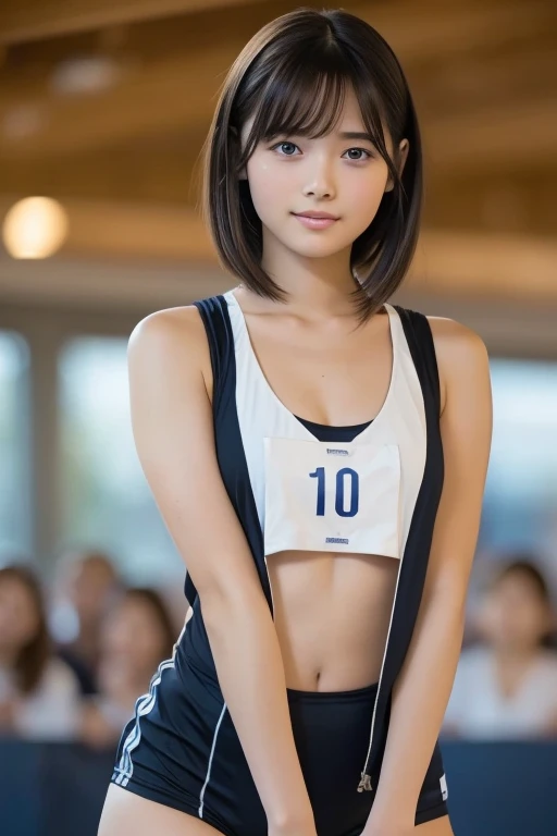 masterpiece, Highest quality, high resolution,High school girl 10.0,Very detailed,Asian Beauty,Open your mouth and laugh,Iris,Natural Beauty,Cinematic,Mid-chest,Showing from knees 10.0,Supple and soft limbs,Narrow eyes and light eye makeup,Smooth under-eye bags,Very detailedなな目と顔,Glossy Lips,Inner thighs,Sparkling eyes,Droopy eyes,(short hair:1.2),Black athletics clothing,Wearing a bib number on his chest,Standing at the starting line of an athletics stadium,belly button,Showing armpits,