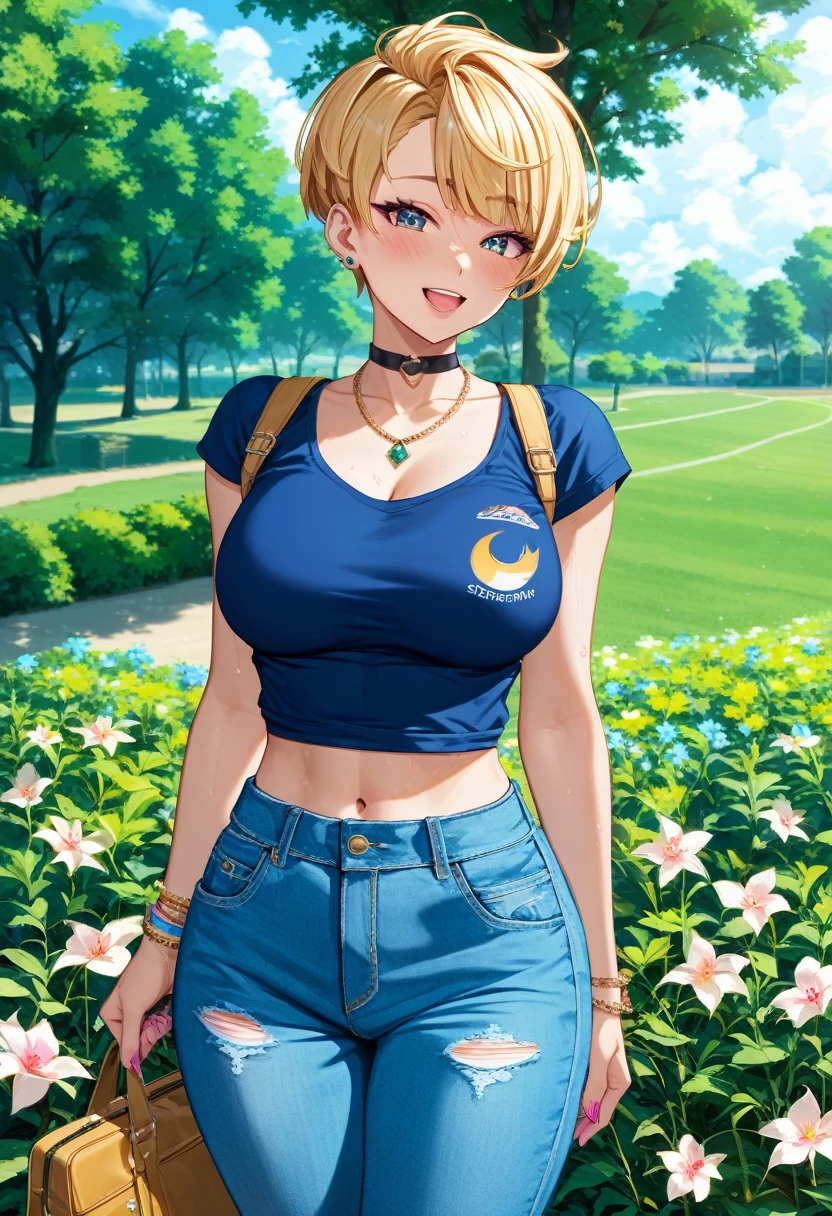 (Highest quality, 4K, 8k, High resolution, masterpiece:1.2), Very detailed, Picturesque, Anime style photo, Photo Anime:1.37)、a beautiful japanese girl、gyaru、blonde、pixie cut、black choker、pierce、necklace、bracelet、ecstasy face、trembling、vapor、track and field athlete