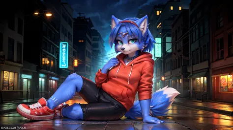 a picture of ((krystal)), star fox krystal, lovable, green eyes, medium breasts, (((long blue hair 1.3))), decollete, anthro, fu...