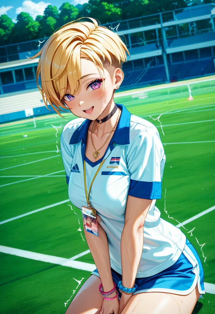 (Highest quality, 4K, 8k, High resolution, masterpiece:1.2), Very detailed, Picturesque, Anime style photo, Photo Anime:1.37)、a beautiful japanese girl、gyaru、blonde、pixie cut、black choker、pierce、necklace、bracelet、ecstasy face、trembling、vapor、trembling、Sweat、track and field athlete