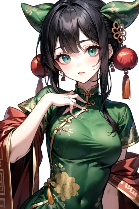 (highest quality)、(highest quality)、cute、(choker).eyes are emerald、(chinese dress)、((black hair)).