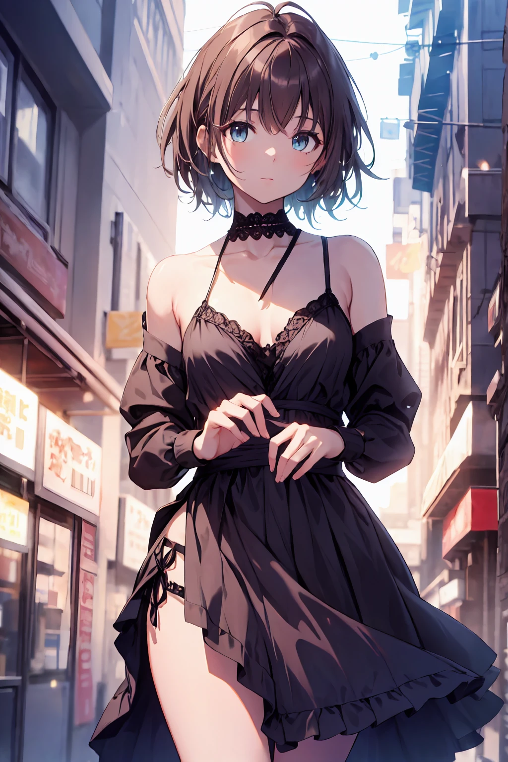 Brown Hair，Shortcuts，Messy Hair，Slender beauty，A dignified posture，Small chest，Beautiful feet，Her captivating grey-blue eyes shine like stars，（Cute older sister:1.3）、(Very detailed)、early summer vibes、night、Liquor、居Liquor屋、Messy Hair、moisture、Dark brown hair，break (masterpiece:1.2), Highest quality, High resolution, unity 8k wallpaper, (shape:0.8), (Beautiful attention to detail:1.6), Very detailed顔, Perfect lighting, Extremely detailed CG, (Perfect hands, Perfect Anatomy),