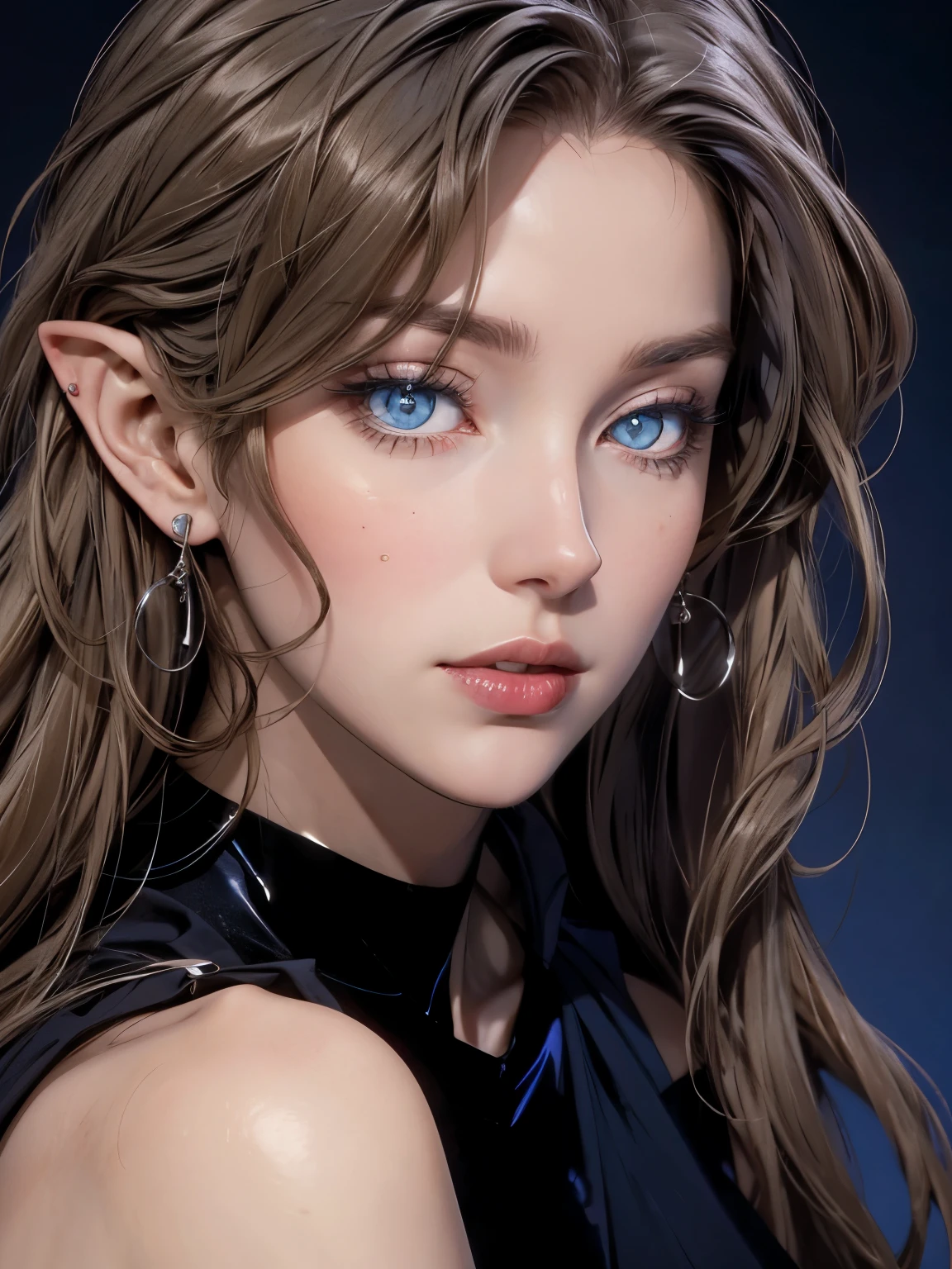  beautiful blond vampire woman in her 30s, with blue eyes and striking features, exuding maturity and allure in a seductive pose.(dark-blue background), pointy ears, glowing blue eyes, beauty, white long hair, an14