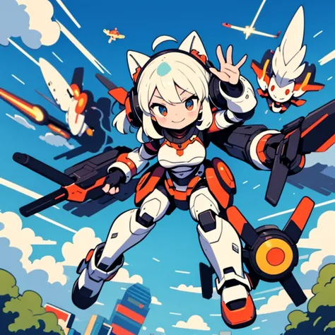 masterpiece，Best image quality，Little，Very cute ，Large Breasts，Realistically humanized robot girl，Fight the enemy，Fancy explosions，Multiple flying missiles，The best smile，Detailed park background，Bruises and gestures，