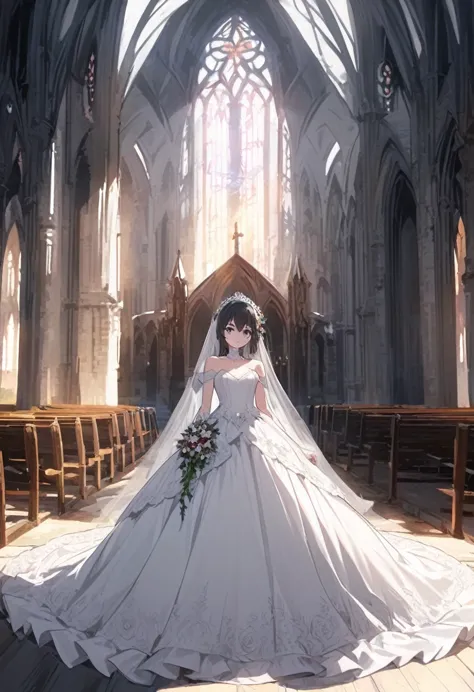 young girl in a wedding dress, gothic church decorated with flowersundefined, undefined, undefined, undefined,