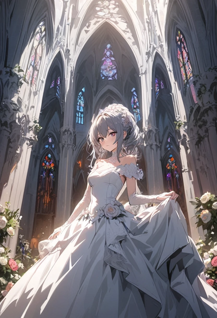 Young girl in a wedding dress, Gothic church decorated with flowersundefined, undefined, undefined, undefined, 