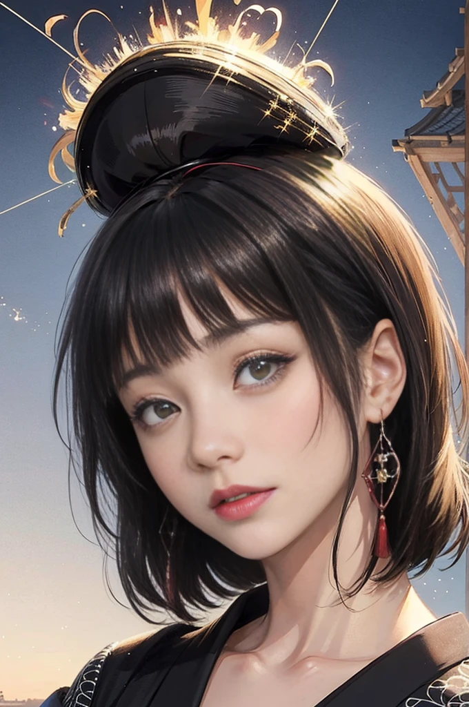 2girl, masterpiece face,japanese girl,idol,（Highest quality authentic textured skin),(beautiful, round, symmetrical eyes),Exquisite facial features,(Burning bright and cold eyes), body very slim,(naked), naked body, (She has a naughty smile on her face),(her face is gentle and beautiful),gold earrings on ears,,(blacck hair),(chestnut hair),(Dramatic photo:1.4),(Gorgeous photo),A messy painting,(dramatic light),(magnificent scene),Epic realism,Feeling,(High density imaging review:1.5),(pastel colors:1.2),Super detailed,dramatic light,(intricate details:1.1),complex background,(nsfw),(zentangle、a Mandala、Tangles、Entanglement)、dark Light、black foil、black leaf art、pure、There are also resilient messages, Overcoming and hope. Breasts are small and B size、Eyes are double, Beautifully detailed、A slight smil、Lolita,Short hair up to the shoulders、straight bungs,((Black kimono with spider web pattern))、(Black kimono),(Straight Hair)、Delicate hair、Smooth hair、Red lines on the corners of the eyes、Pink pussy、Dark Eyes,(Red headband)、(Red earrings)