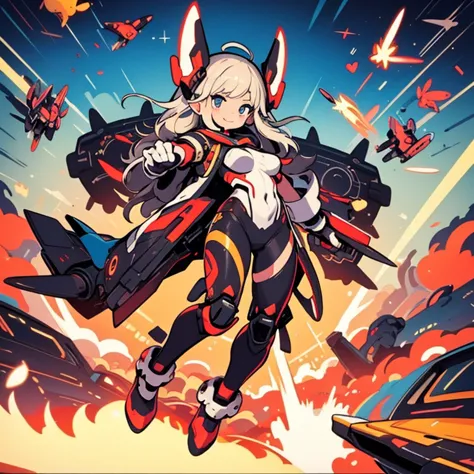 masterpiece，Best image quality，Little，Very cute ，Large Breasts，Realistically humanized robot girl，Fight the enemy，Fancy explosions，Multiple flying missiles，The best smile，Detailed park background，Bruises and gestures，