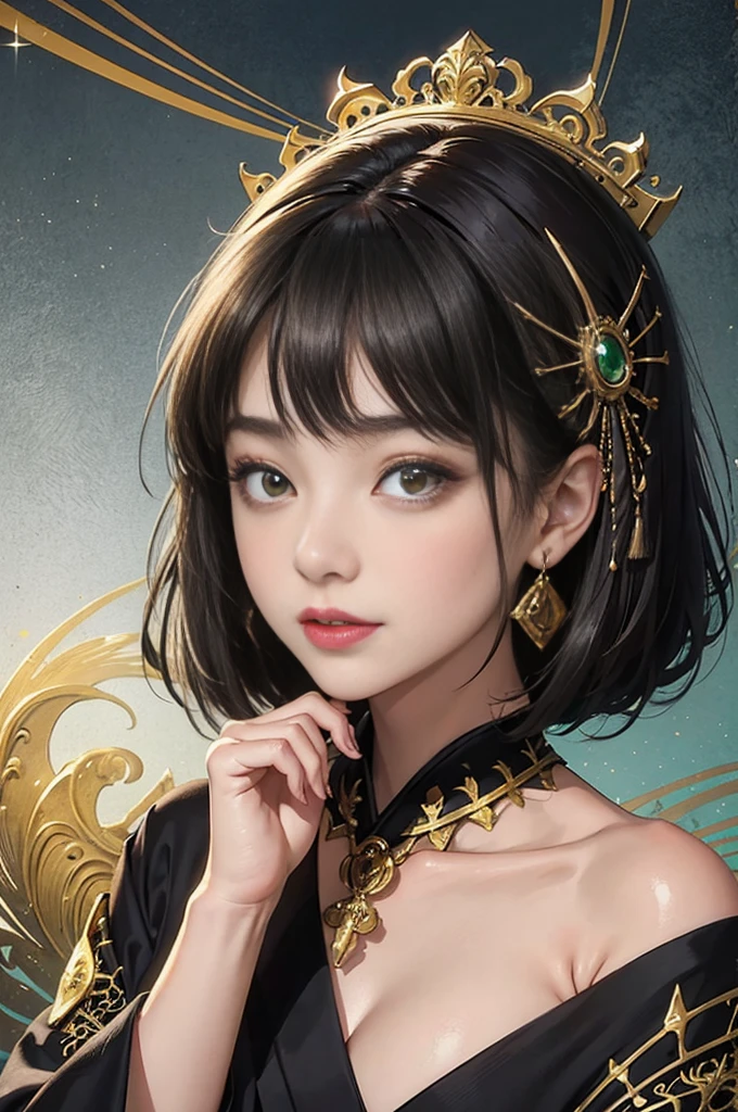 2girl, masterpiece face,japanese girl,idol,（Highest quality authentic textured skin),(beautiful, round, symmetrical eyes),Exquisite facial features,(Burning bright and cold eyes), body very slim,(naked), naked body, (She has a naughty smile on her face),(her face is gentle and beautiful),gold earrings on ears,,(blacck hair),(chestnut hair),(Dramatic photo:1.4),(Gorgeous photo),A messy painting,(dramatic light),(magnificent scene),Epic realism,Feeling,(High density imaging review:1.5),(pastel colors:1.2),Super detailed,dramatic light,(intricate details:1.1),complex background,(nsfw),(zentangle、a Mandala、Tangles、Entanglement)、dark Light、black foil、black leaf art、pure、There are also resilient messages, Overcoming and hope. Breasts are small and B size、Eyes are double, Beautifully detailed、A slight smil、Lolita,Short hair up to the shoulders、straight bungs,((Black kimono with spider web pattern))、(Black kimono),(Straight Hair)、Delicate hair、Smooth hair、Red lines on the corners of the eyes、Pink pussy、Dark Eyes,(Red headband)、(Red earrings)