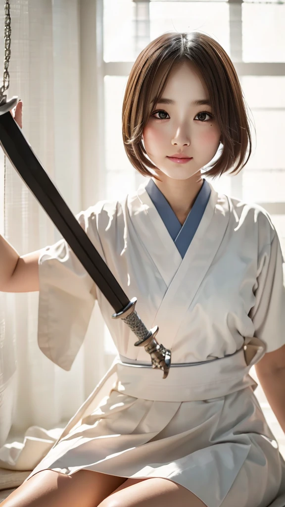 Photo quality, 8k, Detailed facial depiction, Cute girl, White Kendo uniform, Long white hakama, Swinging a sword, Elevate your legs, Full body image