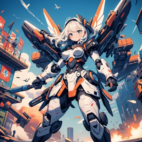 masterpiece，Best image quality，Little，Very cute ，Large Breasts，Realistically humanized robot girl，Fight the enemy，Fancy explosions，Multiple flying missiles，The best smile，Detailed park background，Bruises and gestures，