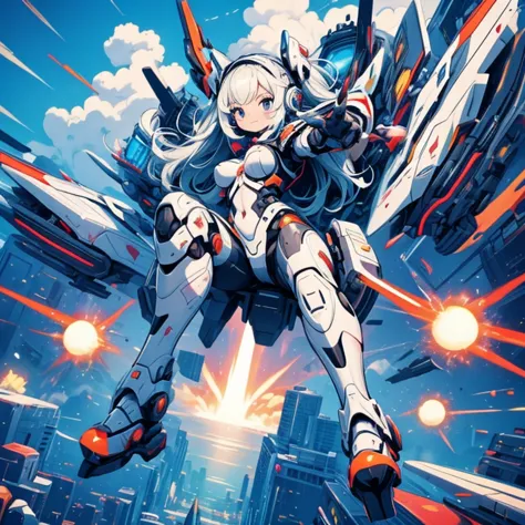 masterpiece，Best image quality，Little，Very cute ，Large Breasts，Realistically humanized robot girl，Fight the enemy，Fancy explosions，Multiple flying missiles，The best smile，Detailed park background，Bruises and gestures，