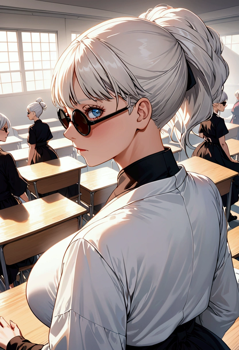 Woman, famale version, female, jujutsu kaisen, solo, alone, white hair, white eyebrows, white eyelashes, light blue eyes, wearing round sunglasses, wearing black japanese unifrom, in classroom, school, high quality, 4k resolution, anime, older woman aura, milf aura, huge breast, hughuge thigs, from behind