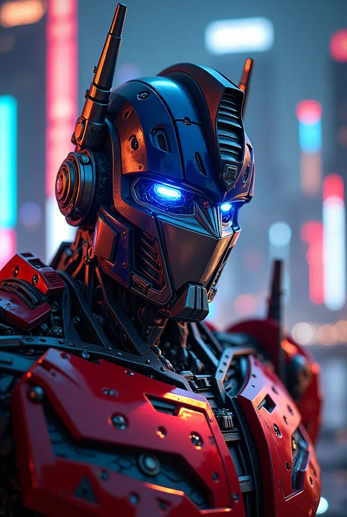 Close-up of the face and half body of Optimus Prime, with red, blue, and white lights on of that colossal robot at night in New York City, very detailed, in the style of Artstation, hyper-realistic oil painting in the cyberpunk style, in the style of Maciej Kuciara, neon light sign, close-up, macro photography, high resolution, bokeh effect, cinematic, vibrant, depth of field, dark background, futuristic style