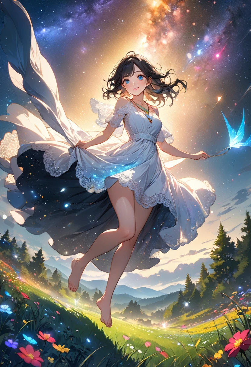 (masterpiece、Highest quality、8k、High resolution)、1 female、Beautiful eyes with slit length、Cute lips、Beautiful Nose、Brownish black hair、smile、(Best anime girl)、Green grassland with forest view、Walking,((Barefoot, off the ground, flying high, high, high, flying and running)),Fantasy art,Colorful flowers blooming in the field,A bright night with the stars clearly visible、milky way、(Mysterious light particles from the whole body、Colorful light particles)、jewelry、necklace、White lace dress、(Beautiful full body style)、Highly detailed anime art、Fantasy art,