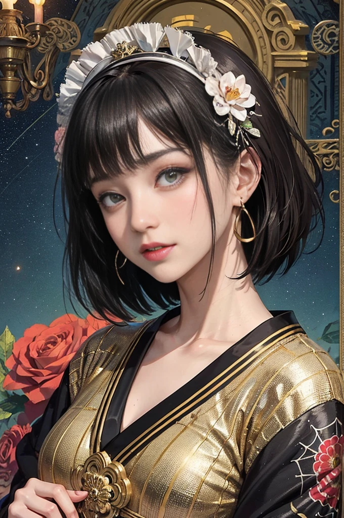 2girl, masterpiece face,japanese girl,idol,（Highest quality authentic textured skin),(beautiful, round, symmetrical eyes),Exquisite facial features,(Burning bright and cold eyes), body very slim,(naked), naked body, (She has a naughty smile on her face),(her face is gentle and beautiful),gold earrings on ears,,(blacck hair),(chestnut hair),(Dramatic photo:1.4),(Gorgeous photo),A messy painting,(dramatic light),(magnificent scene),Epic realism,Feeling,(High density imaging review:1.5),(pastel colors:1.2),Super detailed,dramatic light,(intricate details:1.1),complex background,(nsfw),(zentangle、a Mandala、Tangles、Entanglement)、dark Light、black foil、black leaf art、pure、There are also resilient messages, Overcoming and hope. Breasts are small and B size、Eyes are double, Beautifully detailed、A slight smil、Lolita,Short hair up to the shoulders、straight bungs,((Black kimono with spider web pattern))、(Black kimono),(Straight Hair)、Delicate hair、Smooth hair、Red lines on the corners of the eyes、Pink pussy、Dark Eyes,(Red headband)、(Red earrings)、sleep、Leg spread