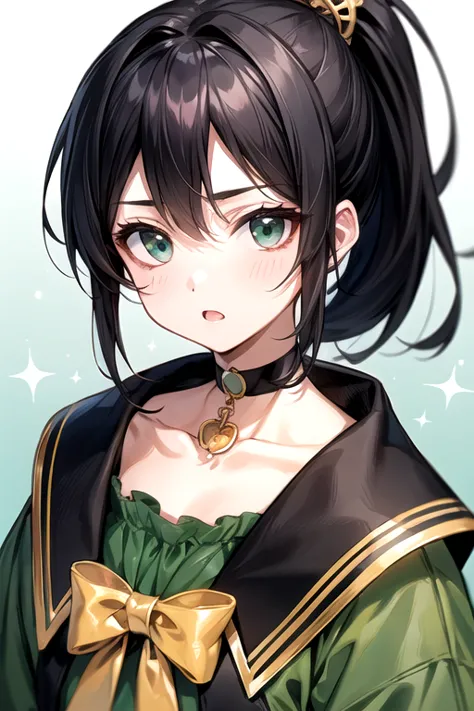 (highest quality)、(highest quality)、cute、(choker).eyes are emerald、(ponytail)、(black hair)、