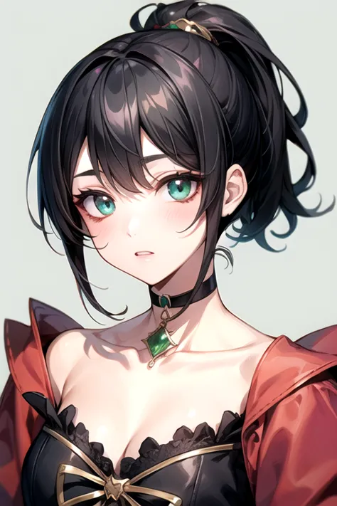 (highest quality)、(highest quality)、cute、(choker).eyes are emerald、(ponytail)、(black hair)、