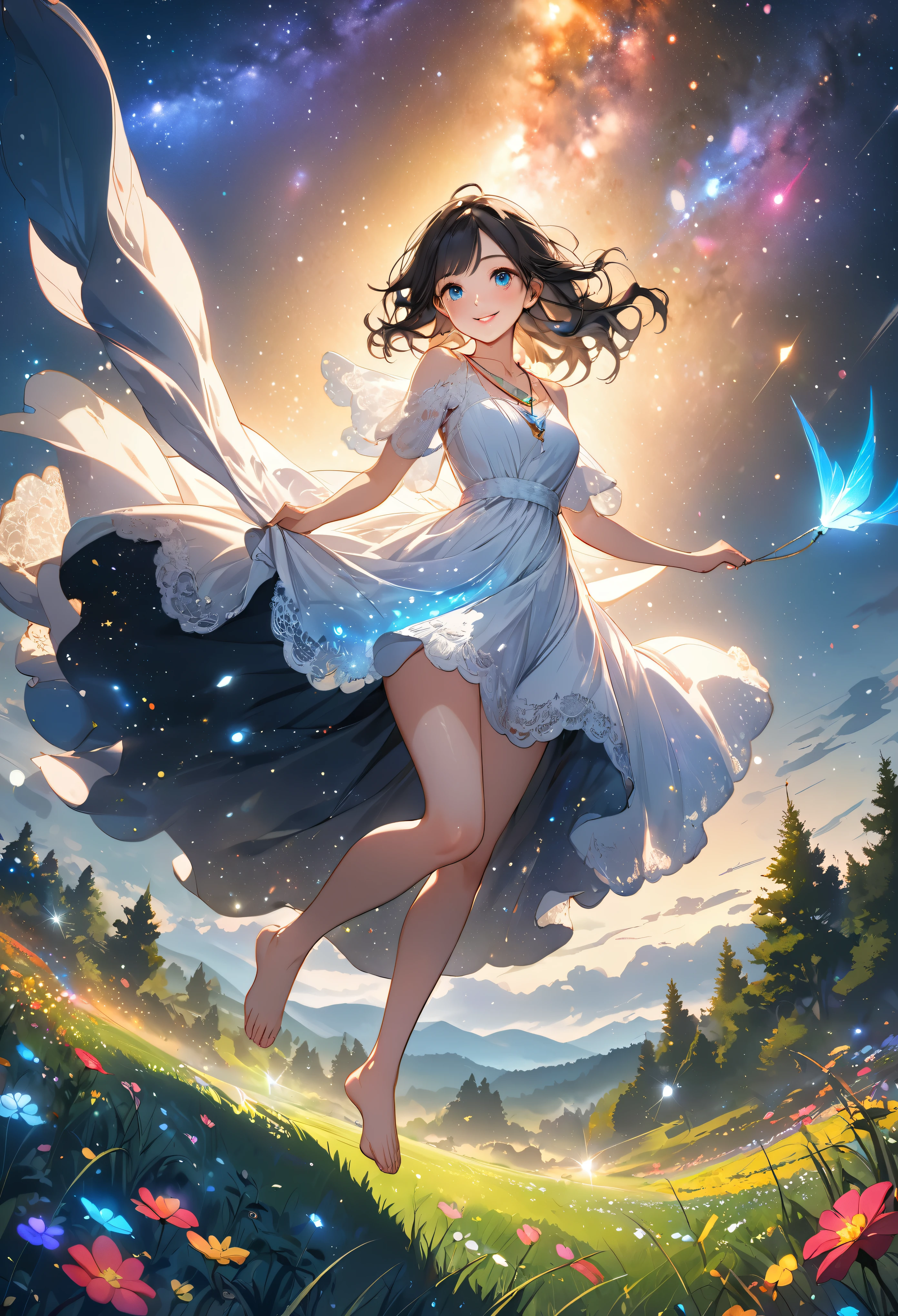 (masterpiece、Highest quality、8k、High resolution)、1 female、Beautiful eyes with slit length、Cute lips、Beautiful Nose、Brownish black hair、smile、(Best anime girl)、Green grassland with forest view、Walking,((Barefoot, off the ground, flying high, high, high, flying and running)),Fantasy art,Colorful flowers blooming in the field,A bright night with the stars clearly visible、milky way、(Mysterious light particles from the whole body、Colorful light particles)、jewelry、necklace、White lace dress、(Beautiful full body style)、Highly detailed anime art、Fantasy art,