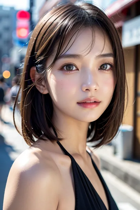 with the backdrop of tokyo alleys、1 girl、independent、look forward to、light eye makeup、brown hair color、flat 、hair blowing in the...