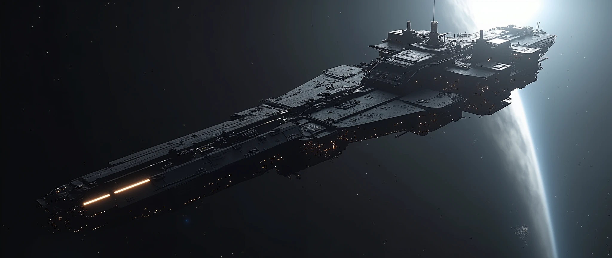 An award-winning masterpiece of visual delight, depicting a massive science fiction space ship cruising through the darkness of space. The ship, though dark and imposing, is illuminated by strategic lights along its hull, highlighting its intricate design and formidable structure. The environment is very dark, but the ship's powerful ion propulsion glows with a vibrant light, leaving a trail of energy in its wake. A distant sun provides a faint backlight, casting a subtle glow that enhances the ship's silhouette and adds depth to the scene. The sun's rays create a striking Tyndall effect as they filter through the ship's massive structure, while a soft glare adds to the dramatic atmosphere. The composition captures the awe-inspiring presence of the operational space ship as it navigates the vastness of space, blending the power of advanced technology with the beauty of the cosmic environment.
