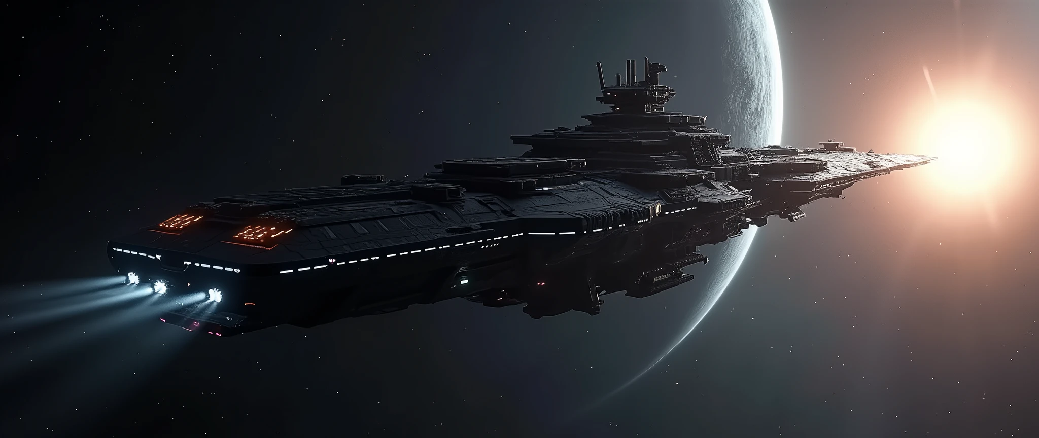 An award-winning masterpiece of visual delight, depicting a massive science fiction space ship cruising through the darkness of space. The ship, though dark and imposing, is illuminated by strategic lights along its hull, highlighting its intricate design and formidable structure. The environment is very dark, but the ship's powerful ion propulsion glows with a vibrant light, leaving a trail of energy in its wake. A distant sun provides a faint backlight, casting a subtle glow that enhances the ship's silhouette and adds depth to the scene. The sun's rays create a striking Tyndall effect as they filter through the ship's massive structure, while a soft glare adds to the dramatic atmosphere. The composition captures the awe-inspiring presence of the operational space ship as it navigates the vastness of space, blending the power of advanced technology with the beauty of the cosmic environment.
