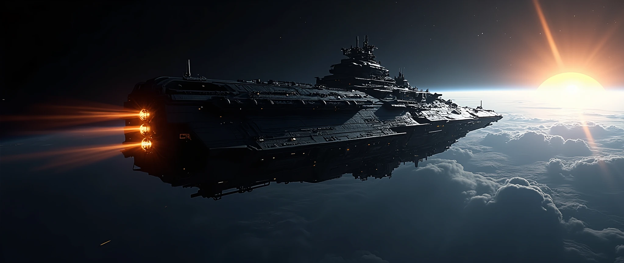 An award-winning masterpiece of visual delight, depicting a massive science fiction space ship cruising through the darkness of space. The ship, though dark and imposing, is illuminated by strategic lights along its hull, highlighting its intricate design and formidable structure. The environment is very dark, but the ship's powerful ion propulsion glows with a vibrant light, leaving a trail of energy in its wake. A distant sun provides a faint backlight, casting a subtle glow that enhances the ship's silhouette and adds depth to the scene. The sun's rays create a striking Tyndall effect as they filter through the ship's massive structure, while a soft glare adds to the dramatic atmosphere. The composition captures the awe-inspiring presence of the operational space ship as it navigates the vastness of space, blending the power of advanced technology with the beauty of the cosmic environment.
