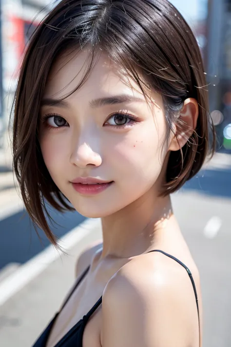 with the backdrop of tokyo alleys、1 girl、independent、look forward to、light eye makeup、brown hair color、flat 、hair blowing in the...