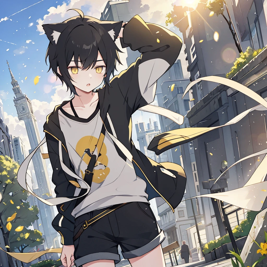 a young man with short black hair and cat ears, yellow eyes, and shorts, looking down at an ancient city with dramatic lens flare and wind-blown hair, with a sleepy expression