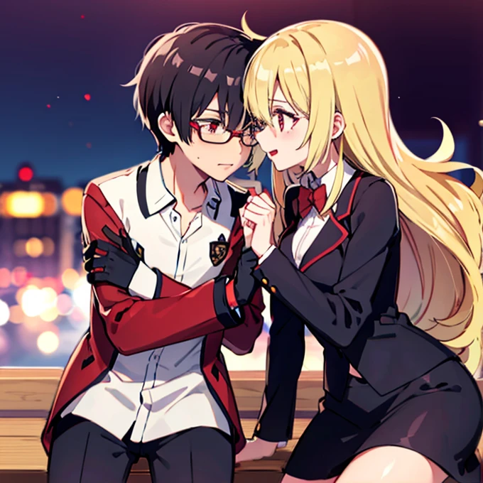 1 boy with black hair, Red jacket and glasses romantically kissing a girl with blonde hair and red eyes. With a white miniskirt, city at night in the background., True love, blushing cheeks, high quality 