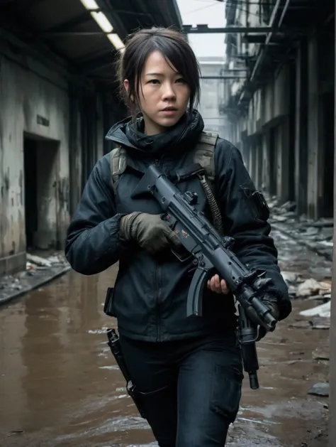 woman in post-apocalyptic city, holding an mp5, aim mp5, author：brandon anschultz, shinkawa youji (strange and extremely beautif...