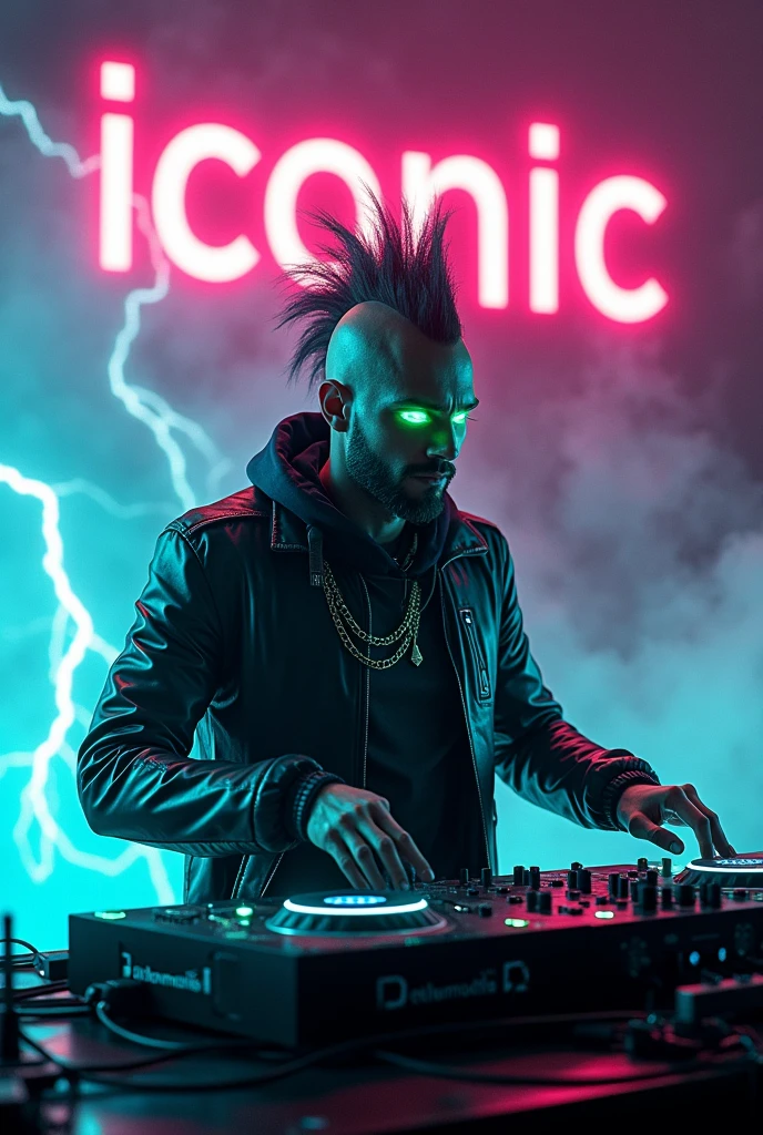 ompts Copy prompts REALISTIC advertising hype,angry, UNLEASHED FURY!!!, switched on, CHARGED POWER OF LIGHTNING, GREEN SPARKS EPIC bombo publicitarioRCHARGED, CYBORG MAN DJ IN CYBER BLACK NEON JACKET WITH GLOWING GREEN EYES, CON MOWHAWK RUBIO, ON THE DJ DECKS SURROUNDED BY LIGHTNING AND SMOKE, WITH A NEON SIGN IN THE BACKGROUND WRITTEN "iconic", EPIC RAVE SCENE, EPIC LIGHT SHOW,