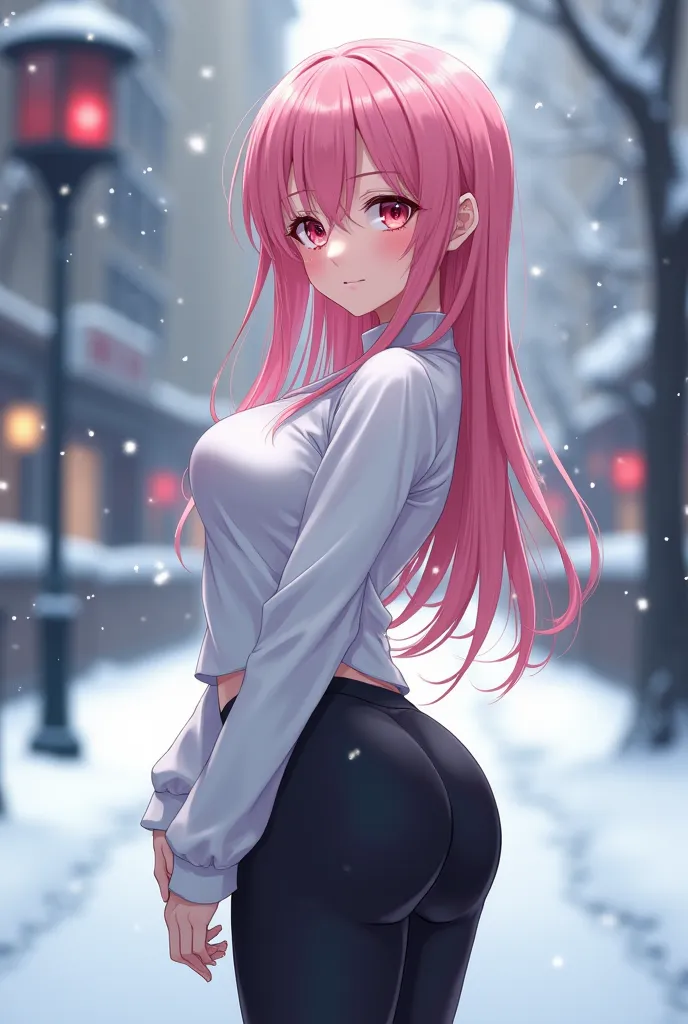 anime girl with pink hair, white long sleeve shirt and black tights pants posing in the snow, thicc, anime style. 8k, forest cit...