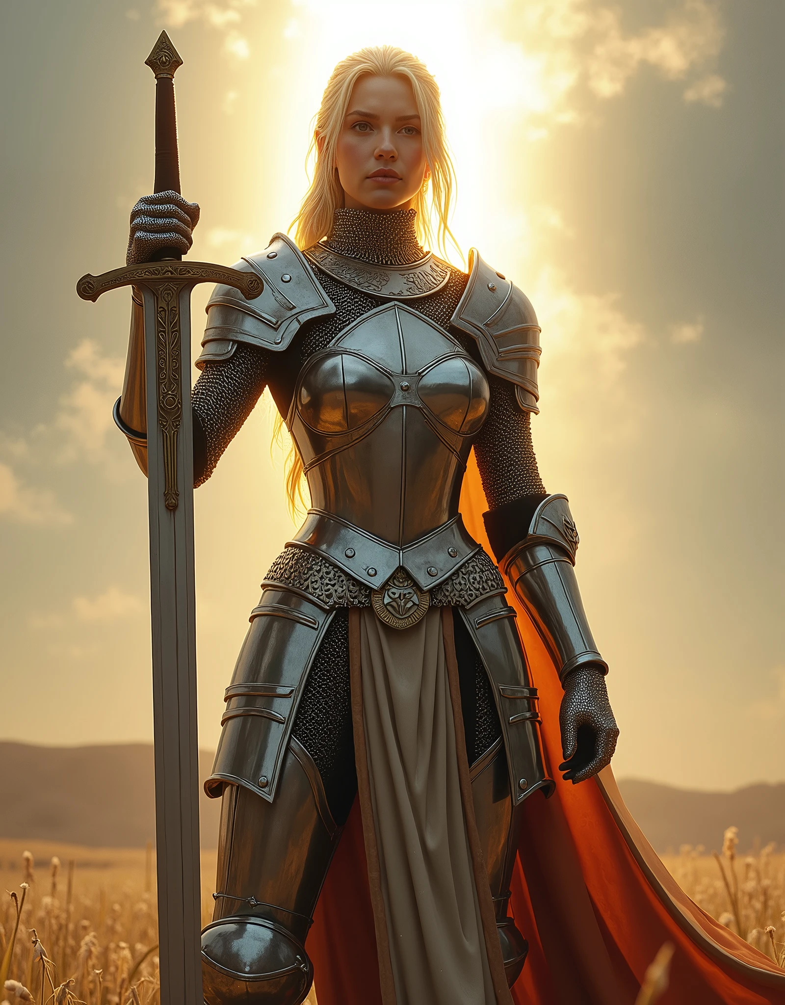 a female knight wearing chainmail holding sword, holy light