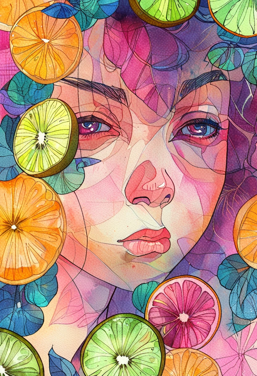 Face Light,Watercolor background:,Daytime,Blurred Background,Two Girls,Takamichi Style, Girl with sour expression after eating kiwi fruit、close your eyes、Raise your eyebrows、Mouth lolling、Pink kiwi fruit background、Highest quality、Masterpiece, style of Diane Dillon, comic art style,
anime art style,